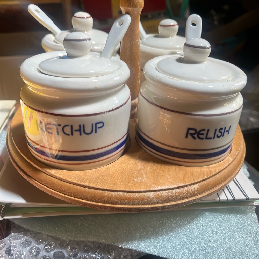 Vintage COMPLETE Ceramic Condiment Set with Wooden Lazy Susan Tray